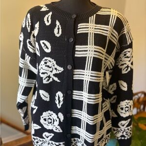 Vintage with Tags! Leslie Fay Personal Black and Cream Patterned Cardigan